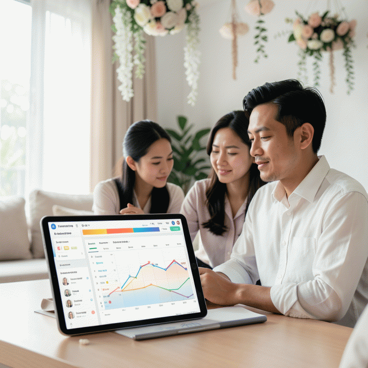 Pasangan pengantin yang tenang meninjau dashboard perencanaan pernikahan yang rapi dan terorganisir di tablet modern, melambangkan perencanaan yang bebas stres.