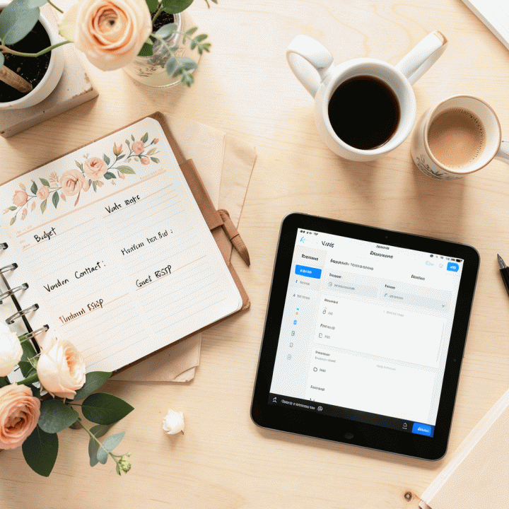 Foto datar (flat lay) meja perencanaan pernikahan yang tertata rapi, menampilkan buku planner, daftar vendor, dan tablet dashboard.