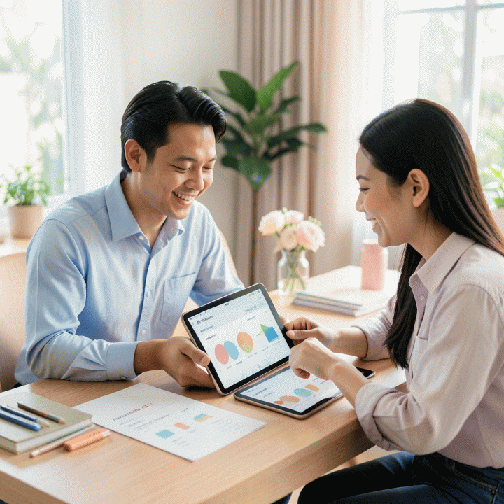 Pasangan pengantin Indonesia yang sedang merencanakan pernikahan dengan tenang di meja kerja yang rapi, menggunakan tablet digital untuk mengelola anggaran dan data tamu pernikahan secara terpusat.