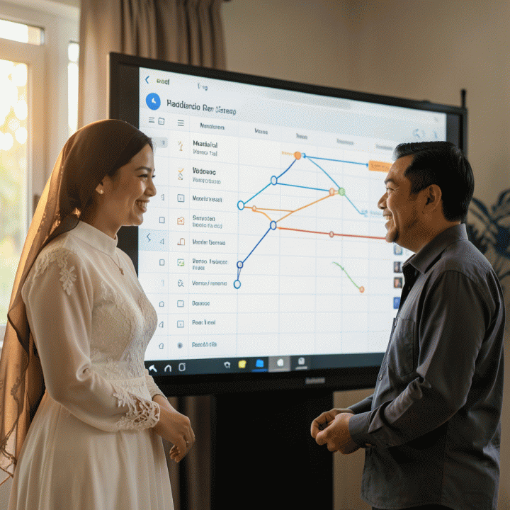 Sepasang pengantin Indonesia yang tampak tenang dan bahagia saat meninjau jadwal dan timeline persiapan pernikahan yang terkoordinasi di layar digital.