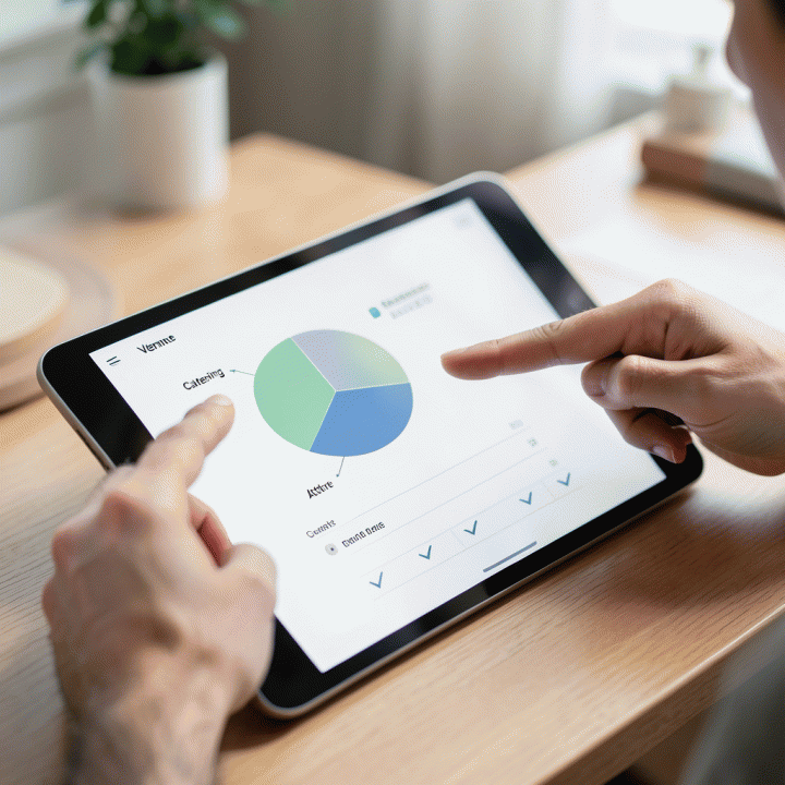 Tangan pasangan sedang menunjuk ke dasbor digital yang menunjukkan visualisasi anggaran dan daftar tamu yang terorganisir di tablet.