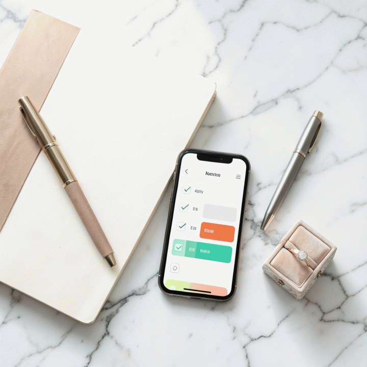 Foto datar (flat lay) berisi alat-alat perencanaan pernikahan yang terorganisir, termasuk buku catatan, ponsel dengan checklist digital, dan aksesoris pernikahan.