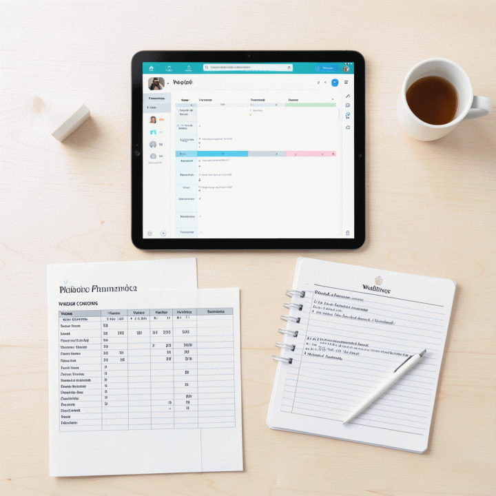 Foto datar (flat lay) yang menunjukkan dashboard perencanaan pernikahan digital, anggaran yang terstruktur, dan daftar vendor yang terorganisir di atas meja kayu minimalis.