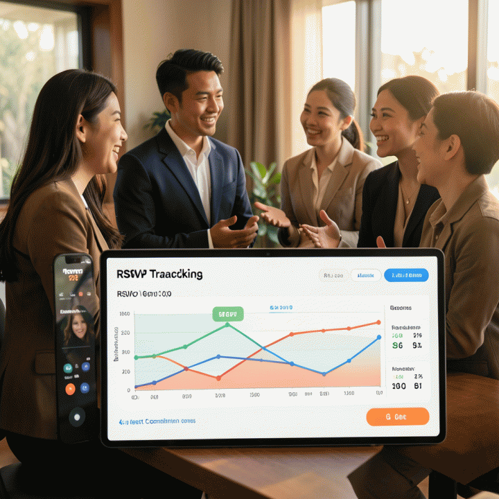 Ilustrasi digital yang menunjukkan sistem RSVP yang terpusat, menampilkan grafik dan data tamu yang masuk dengan rapi, mengatasi kekacauan data.