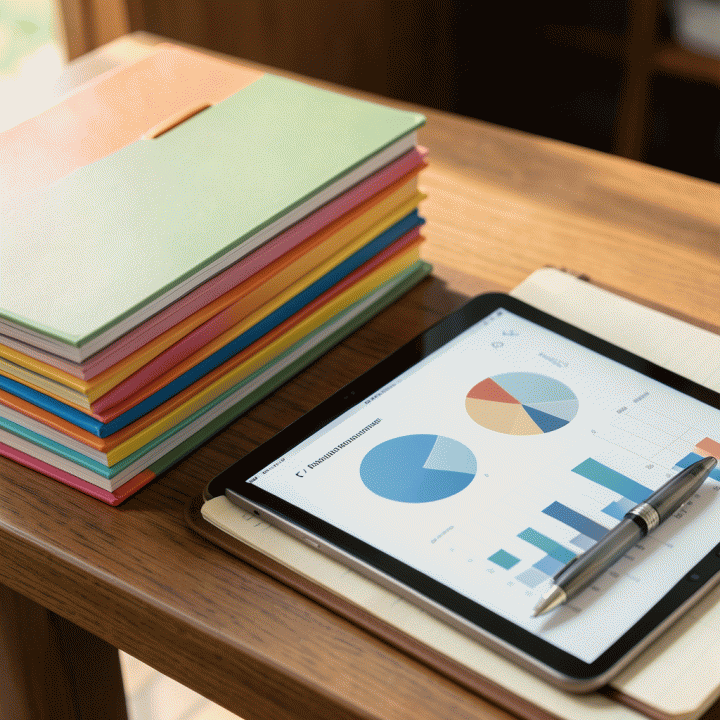 Pandangan dekat dari alat perencanaan keuangan yang rapi, termasuk binder anggaran berwarna-warni dan visualisasi data abstrak di tablet, menunjukkan kontrol finansial.