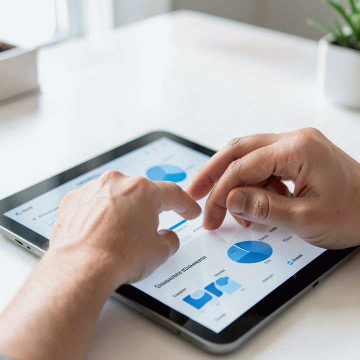Tangan yang berinteraksi dengan tablet digital yang menampilkan grafik anggaran dan daftar tamu yang terorganisir, menunjukkan kontrol finansial.