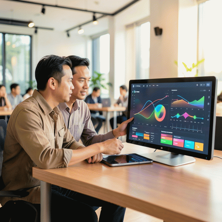Sepasang calon pengantin berdiskusi di meja perencanaan, melihat dashboard digital yang menampilkan alokasi anggaran dan data tamu yang terorganisir.