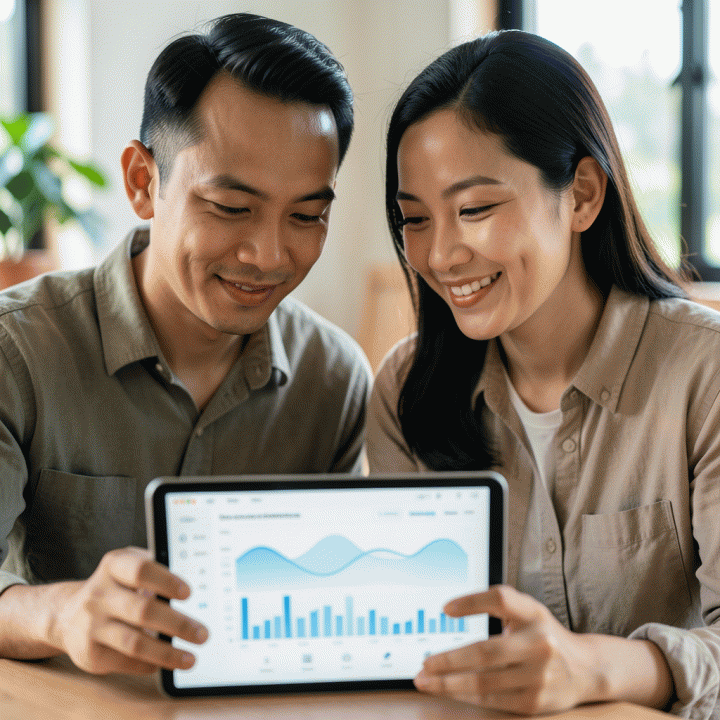 Pasangan pengantin yang sedang melihat dashboard perencanaan pernikahan di tablet, menunjukkan kemudahan manajemen data dan anggaran.