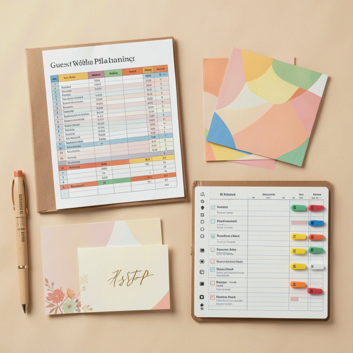 Tampilan datar (flat lay) yang menampilkan perlengkapan perencanaan pernikahan seperti daftar tamu, anggaran, dan kartu RSVP yang tertata rapi.