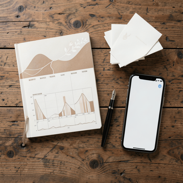 Tampilan datar (flat lay) alat perencanaan pernikahan yang rapi: buku anggaran, kartu undangan, dan ponsel yang menampilkan antarmuka manajemen tamu yang bersih.