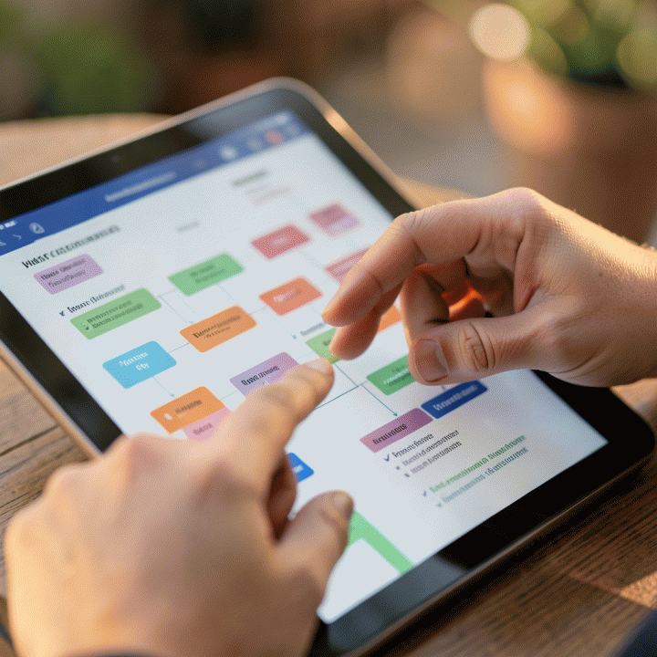 Pasangan yang sedang berinteraksi dengan tablet perencanaan pernikahan, fokus pada visualisasi jadwal dan koordinasi vendor yang terorganisir.
