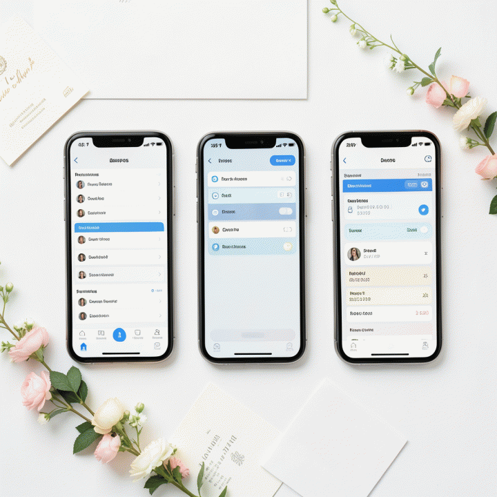 Tata letak datar (flat lay) yang menampilkan berbagai perangkat dan kartu yang terorganisir untuk melacak data tamu dan RSVP pernikahan.