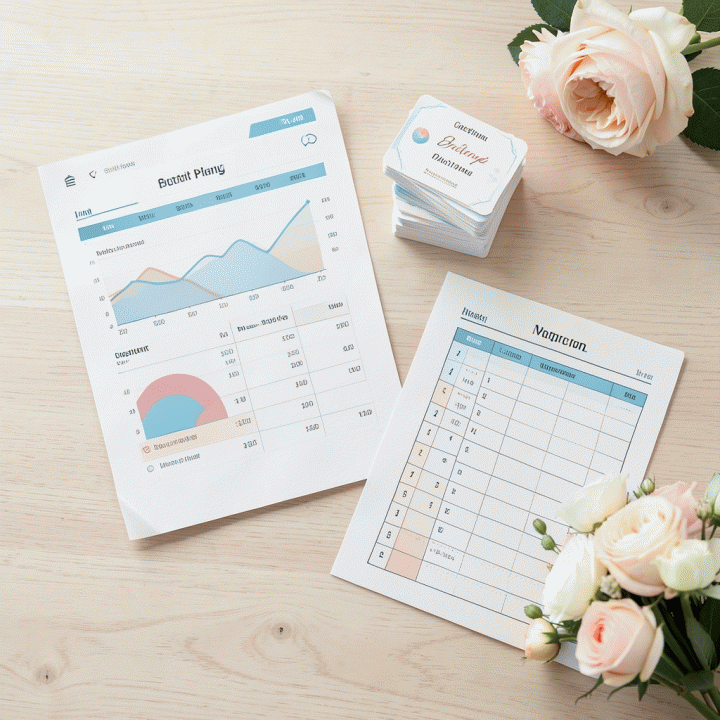 Tampilan datar (flat lay) dari alat-alat perencanaan pernikahan yang terorganisir, termasuk tracker anggaran dan daftar tamu, menunjukkan kontrol dan detail.