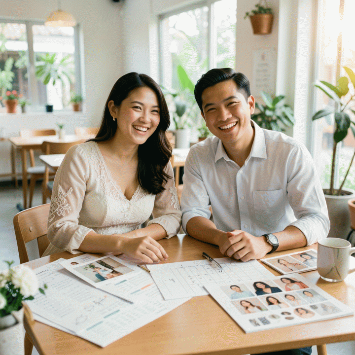 Pasangan pengantin Indonesia yang bahagia dan tenang sedang merencanakan pernikahan di studio yang elegan, menunjukkan suasana perencanaan yang terorganisir dan bebas stres.