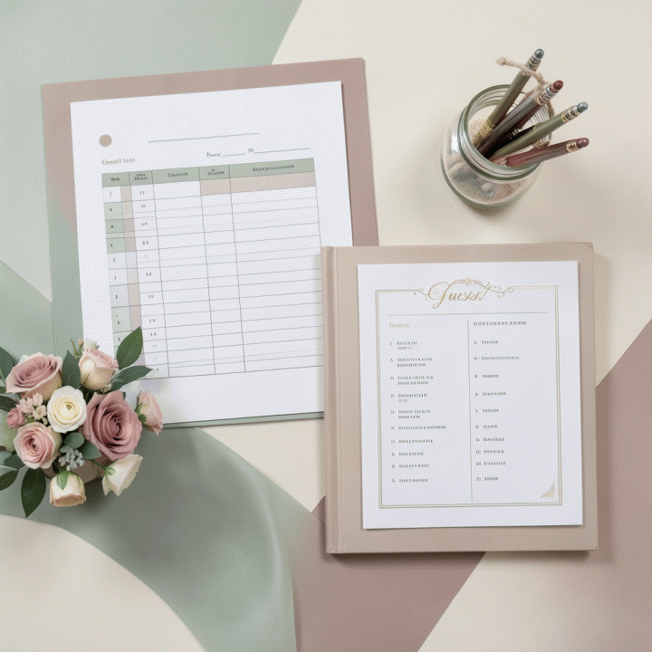 Foto datar (flat lay) yang menampilkan semua elemen perencanaan pernikahan yang terorganisir: buku anggaran, daftar tamu, dan perlengkapan dekorasi.