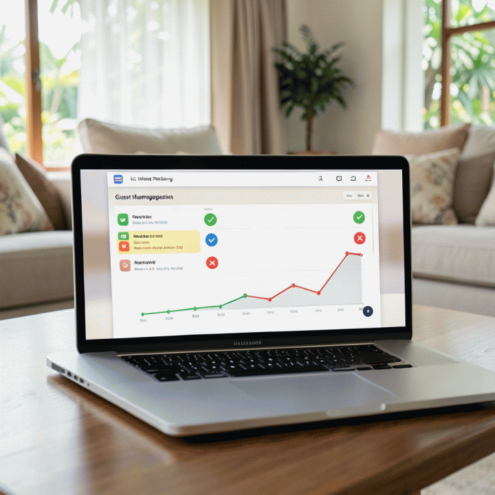 Tampilan layar laptop yang menunjukkan antarmuka perencanaan pernikahan digital yang intuitif, fokus pada manajemen daftar tamu dan status kehadiran.