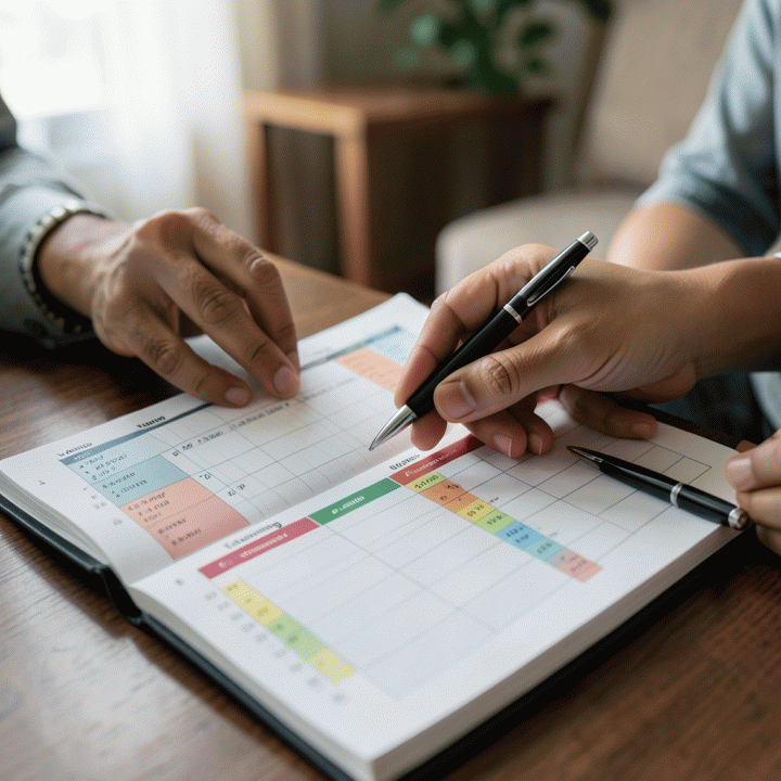 Dua tangan yang berkolaborasi meninjau buku rencana anggaran pernikahan yang terperinci dan terorganisir, menekankan kontrol finansial dan perencanaan bersama.