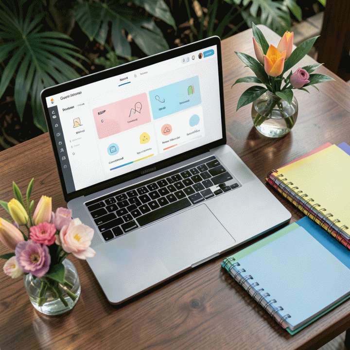 Tampilan atas (overhead) meja perencanaan pernikahan yang rapi, menunjukkan dashboard digital manajemen daftar tamu yang terstruktur dan modern, serta buku planner berwarna-warni.