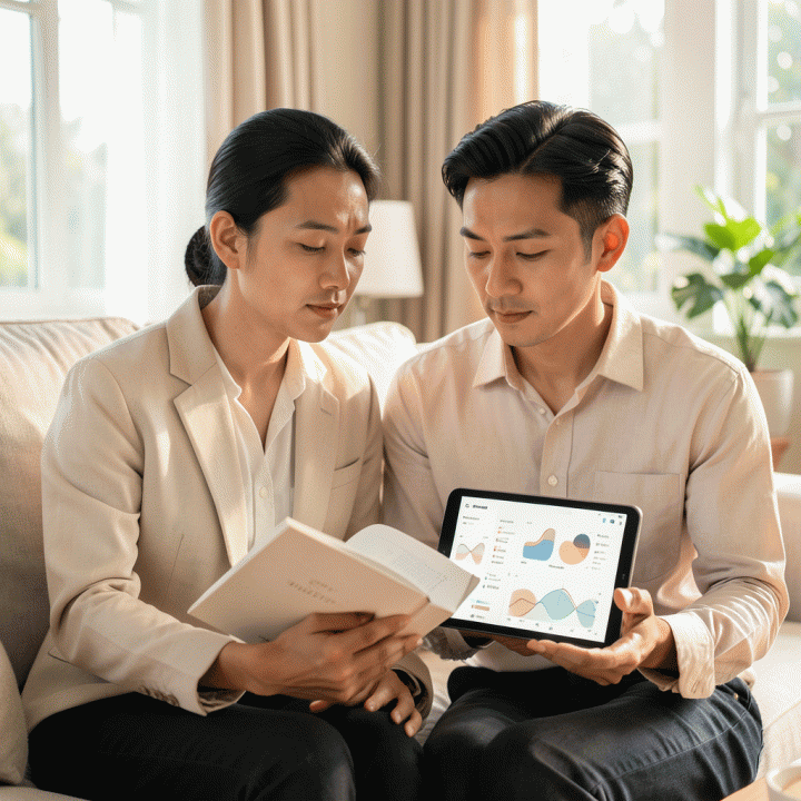 Pasangan pengantin yang modern dan elegan sedang merencanakan pernikahan di rumah yang cerah, fokus pada buku planner dan tablet berisi data terorganisir, melambangkan perencanaan yang terkelola.