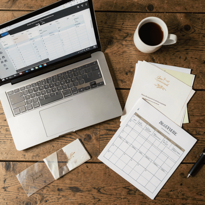 Tampilan datar (flat lay) yang menampilkan elemen-elemen perencanaan pernikahan yang terorganisasi: spreadsheet anggaran, kartu RSVP tamu, dan checklist timeline, menunjukkan perencanaan yang sistematis.
