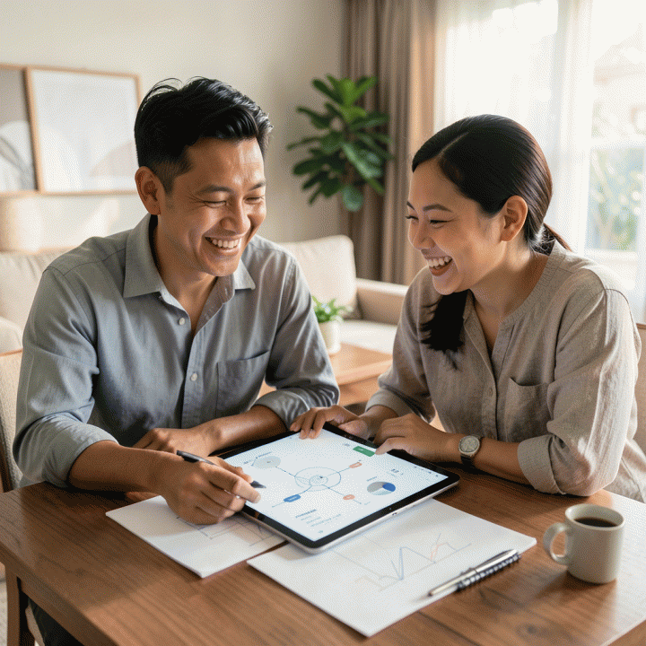 Sepasang calon pengantin yang santai dan bahagia sedang berkolaborasi di meja perencanaan, menggunakan tablet untuk melihat timeline dan anggaran pernikahan yang terorganisir.
