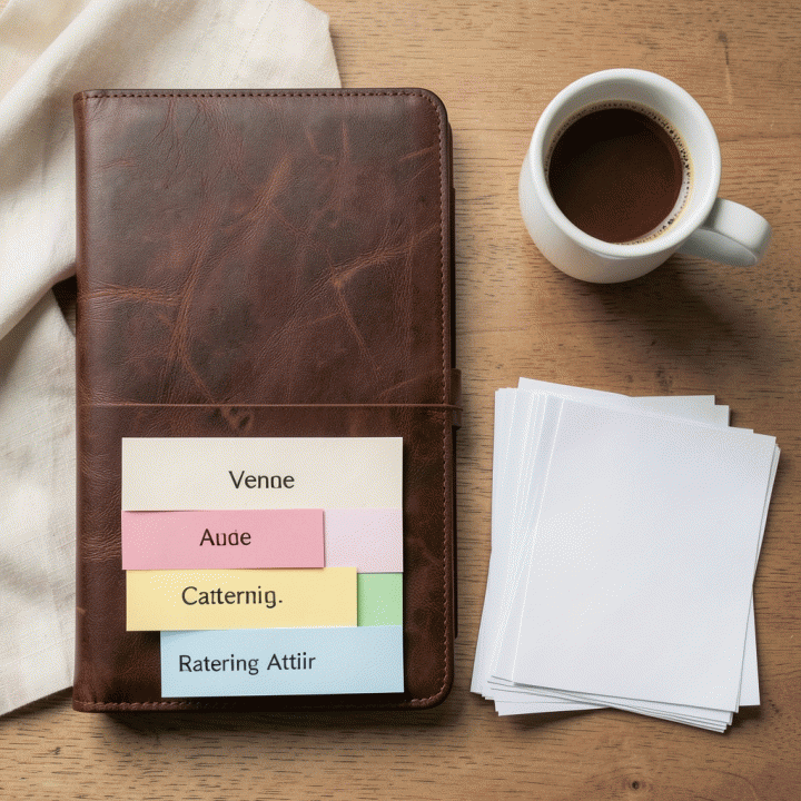 Tampilan atas (flat lay) alat perencanaan pernikahan yang terorganisir, termasuk planner, kartu anggaran, dan daftar tamu, menonjolkan sistematisasi persiapan.