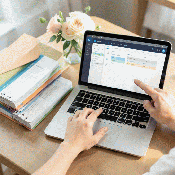 Tangan yang sedang meninjau daftar checklist dan rencana di laptop, menunjukkan proses perencanaan yang terstruktur.