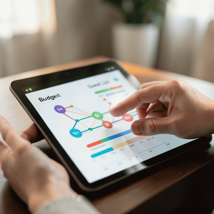 Tangan pasangan yang sedang mengelola data anggaran dan daftar tamu yang terorganisir pada layar tablet.