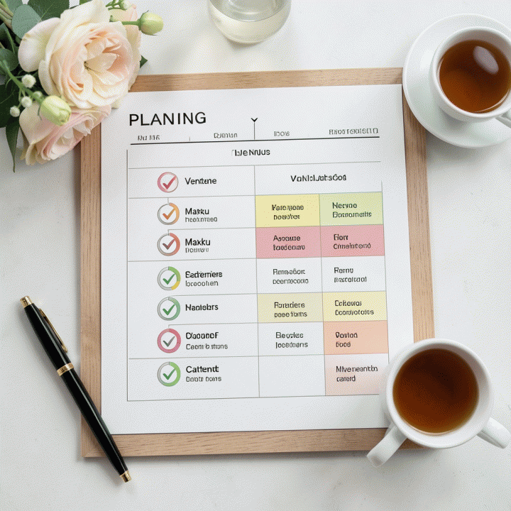 Papan checklist perencanaan pernikahan yang terorganisir, menunjukkan tahapan persiapan yang terkoordinasi.