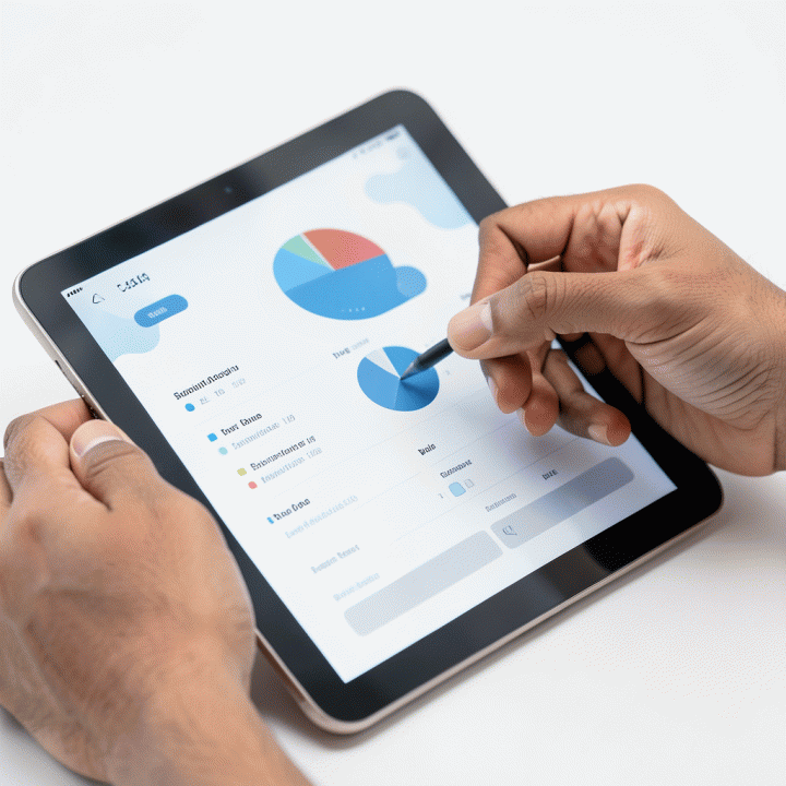 Tangan yang sedang mengelola dan melacak anggaran pernikahan yang terorganisir pada layar tablet digital.