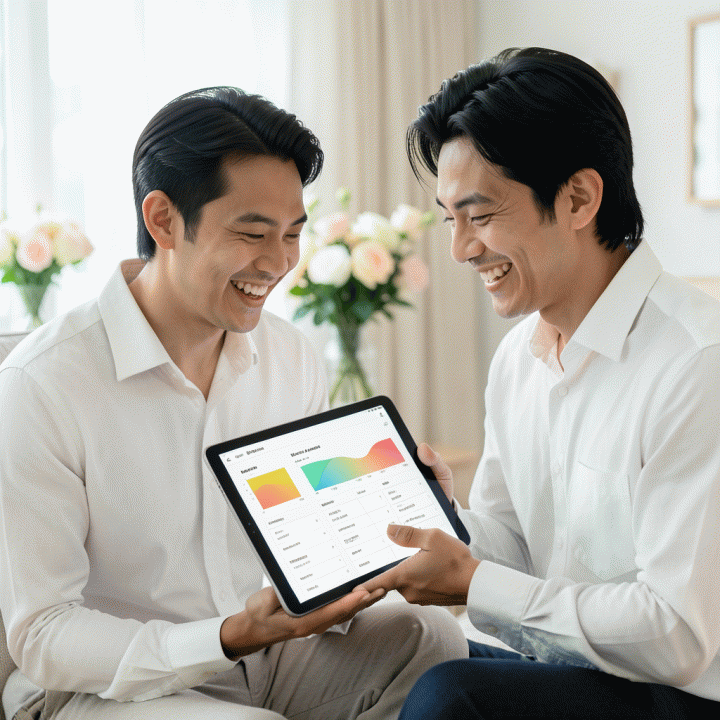Pasangan pengantin muda Indonesia yang bahagia melihat perencanaan pernikahan yang terorganisir dan terkontrol pada tablet digital, menunjukkan manajemen anggaran dan daftar tamu yang rapi.