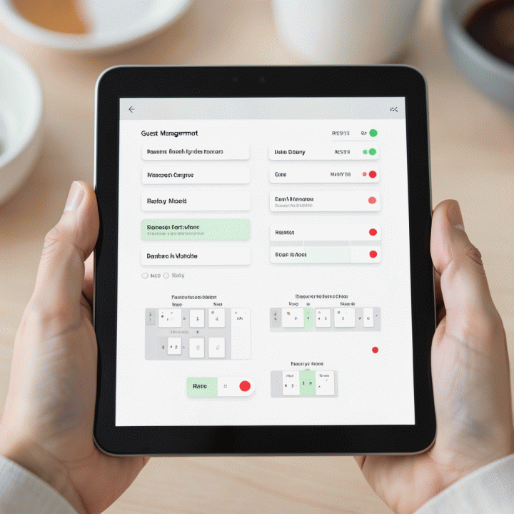 Tampilan digital daftar tamu yang rapi dan terorganisir pada tablet, menunjukkan status RSVP dan pengelompokan tamu.