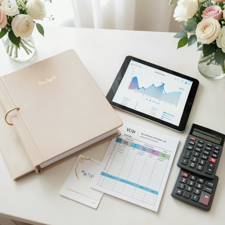 Foto flat lay yang terorganisir dari alat perencanaan pernikahan, termasuk binder anggaran, tablet dengan grafik, kartu RSVP tamu, dan checklist timeline.