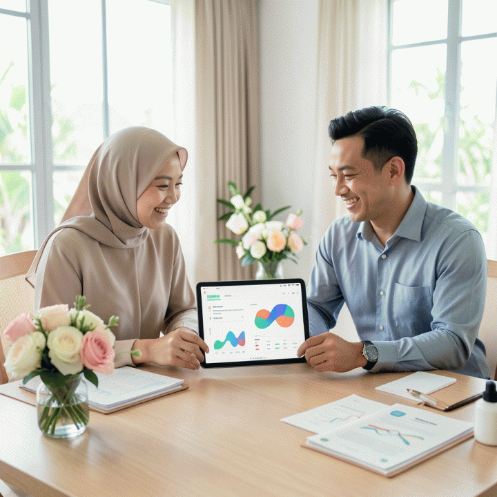 Sepasang pengantin modern Indonesia yang bahagia dan tenang merencanakan pernikahan mereka di meja kerja yang rapi, menggunakan tablet yang menampilkan visualisasi data perencanaan yang terorganisir.