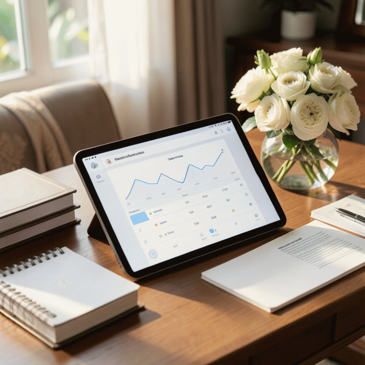 Meja perencanaan pernikahan yang tertata rapi dengan tablet modern menampilkan pelacak anggaran dan daftar tamu yang terstruktur, melambangkan manajemen pernikahan yang efisien.
