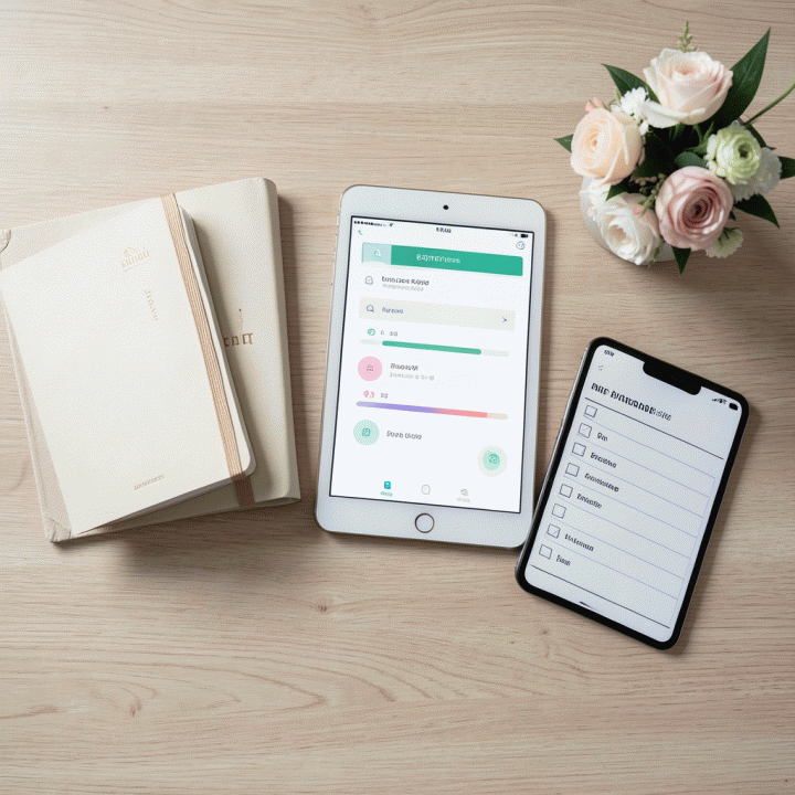 Tampilan atas (flat lay) dari alat perencanaan pernikahan, termasuk buku tamu dan tablet yang menampilkan pelacak data tamu yang terstruktur.