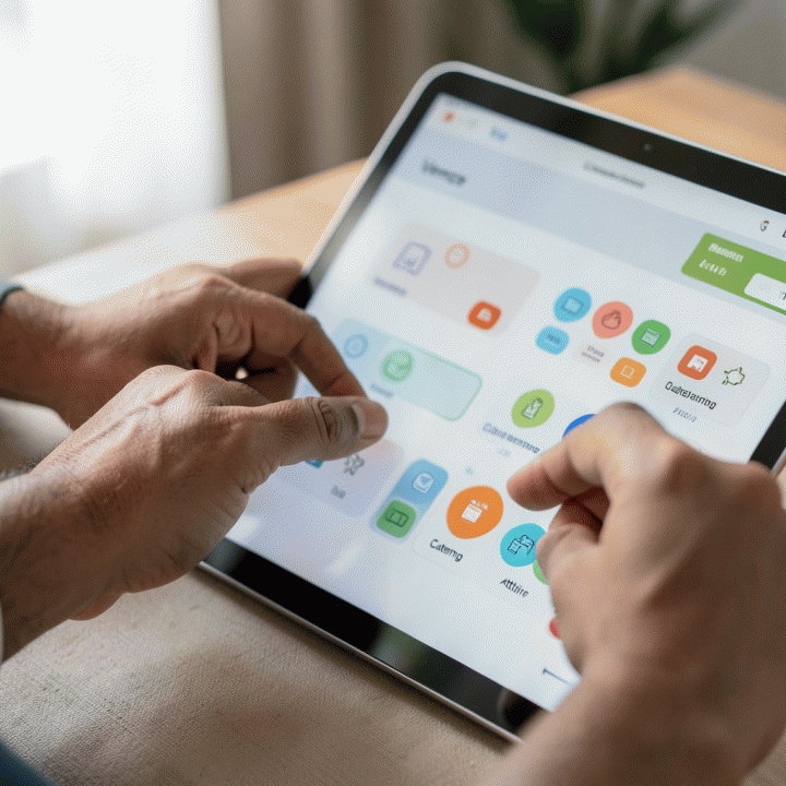 Close-up tangan pasangan yang sedang meninjau dan mengontrol anggaran pernikahan secara digital di tablet, menonjolkan visualisasi data yang rapi.