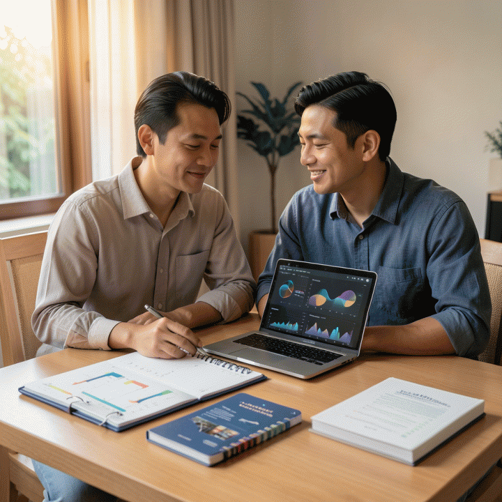 Pasangan pengantin muda Indonesia sedang merencanakan pernikahan di meja kayu yang rapi, dikelilingi oleh planner, laptop dengan visualisasi data, dan buku daftar tamu, menampilkan suasana perencanaan yang terorganisir dan tenang.