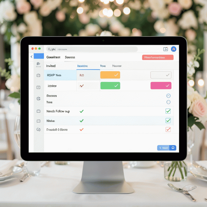 Tampilan antarmuka digital manajemen data tamu pernikahan yang terorganisir, menunjukkan status RSVP dan daftar tamu dengan rapi dan jelas.