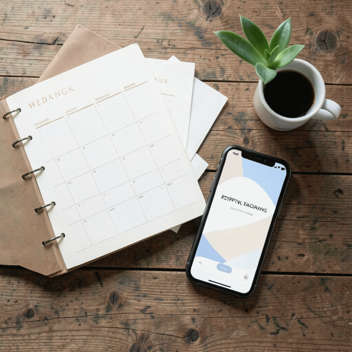 Flat lay perencanaan pernikahan yang terorganisir, menampilkan buku anggaran, kartu nama, dan perangkat digital yang melacak data tamu.