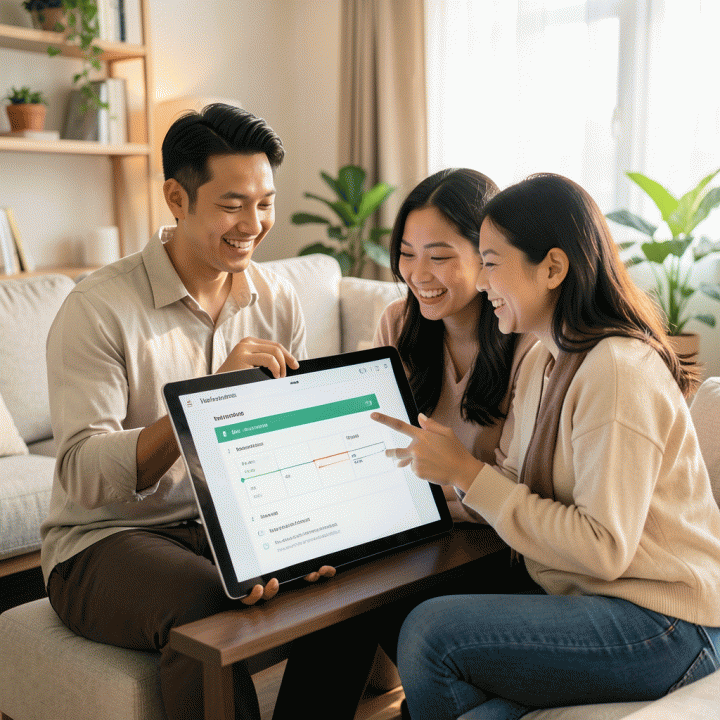 Pasangan pengantin modern berkolaborasi di layar digital untuk mengatur timeline persiapan pernikahan yang terkoordinasi.