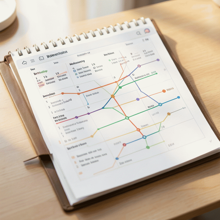 Perencanaan acara keluarga yang terorganisir secara visual pada kalender atau planner digital.