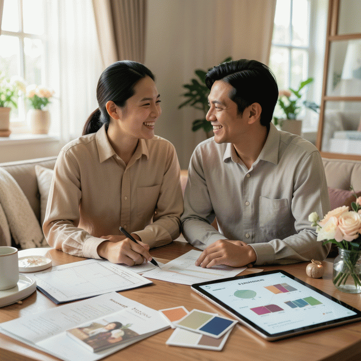 Pasangan pengantin modern Indonesia yang bahagia dan tenang di tengah proses perencanaan pernikahan yang terorganisir dengan baik, menunjukkan kesuksesan mengelola anggaran dan daftar tamu.