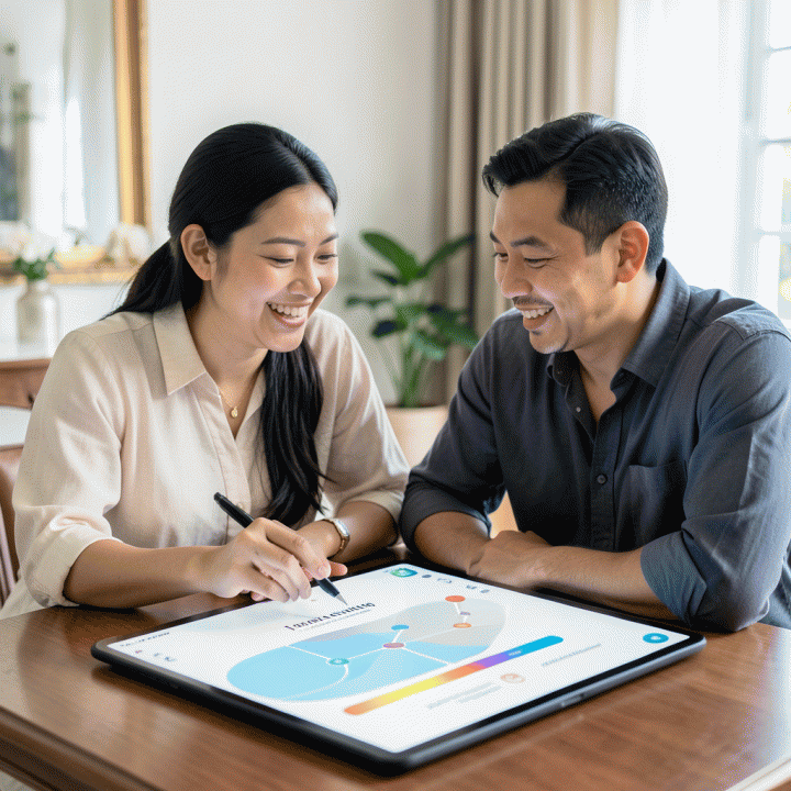 Pasangan pengantin Indonesia yang terlihat tenang dan percaya diri saat meninjau antarmuka perencanaan pernikahan digital yang abstrak, menunjukkan kemudahan dalam manajemen acara.