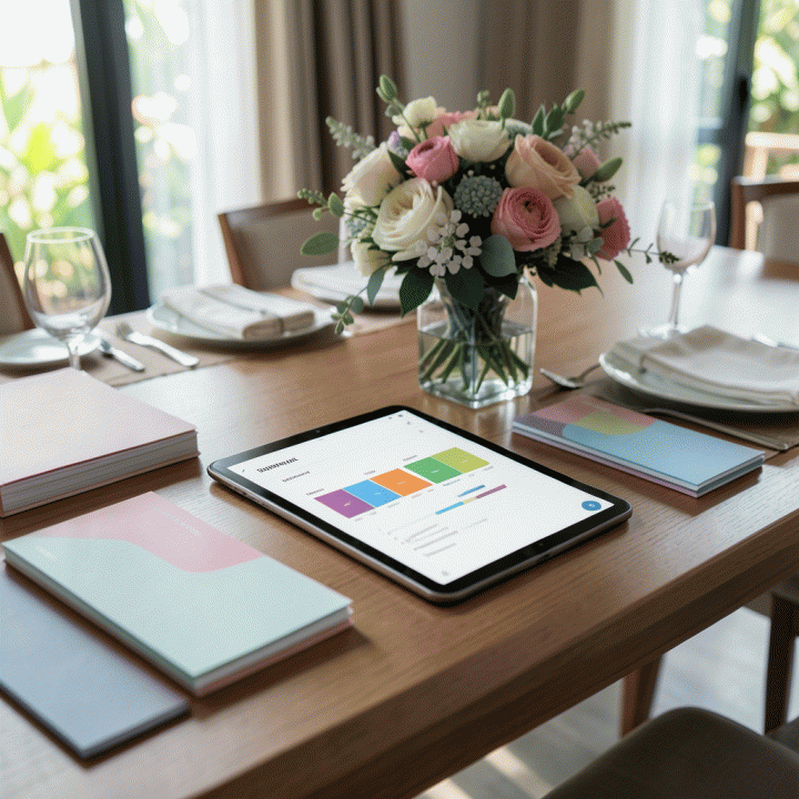 Meja perencanaan pernikahan yang rapi dan elegan dengan tablet digital yang menampilkan dashboard anggaran yang terorganisir, melambangkan perencanaan pernikahan yang tenang dan terkelola.