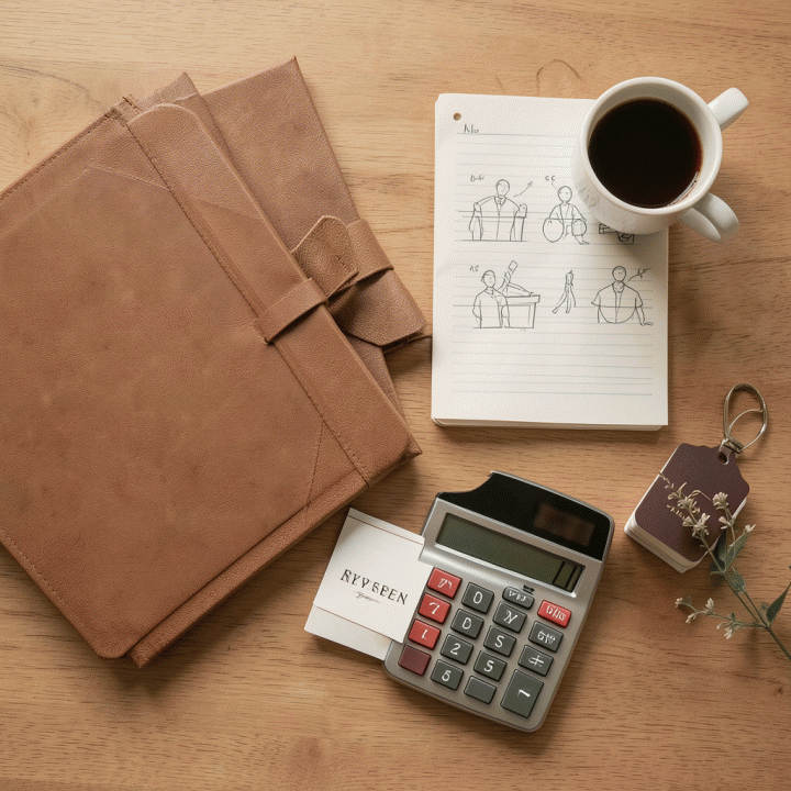 Tampilan atas (flat lay) alat-alat perencanaan pernikahan yang terorganisir, termasuk buku catatan, kartu RSVP, dan kalkulator, menunjukkan fokus pada detail dan manajemen anggaran.