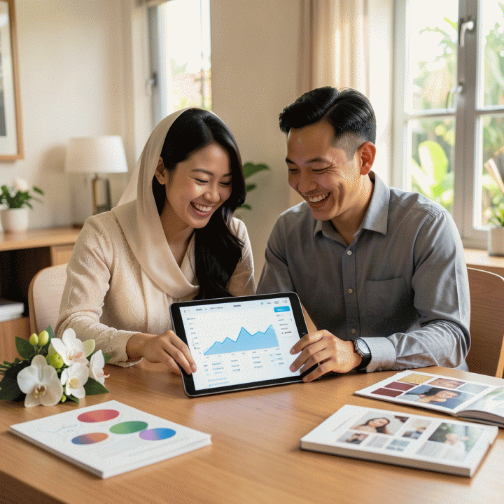 Pasangan pengantin Indonesia yang bahagia dan terorganisir sedang merencanakan pernikahan mereka di meja kerja yang rapi, menggunakan tablet untuk mengatur anggaran dan daftar tamu.