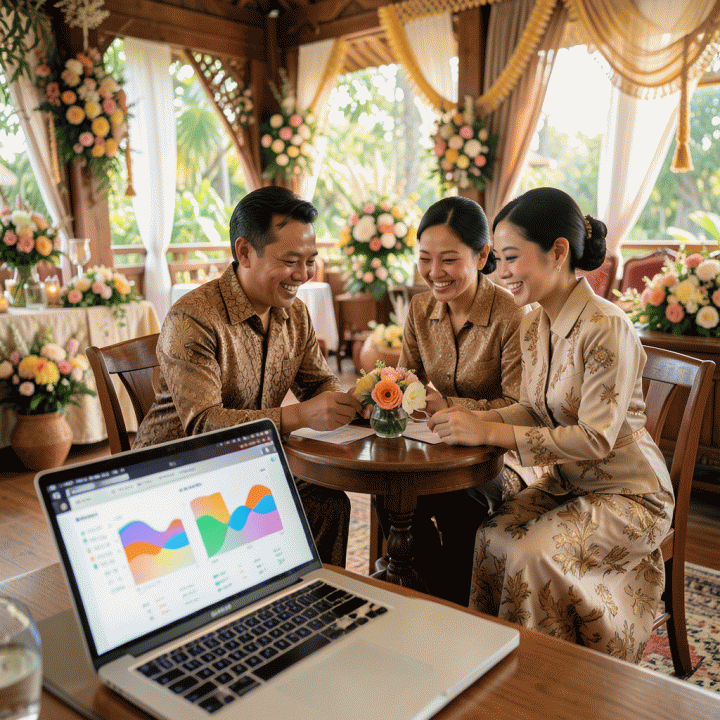 Pasangan muda Indonesia yang sedang merencanakan pernikahan di lokasi yang indah, berinteraksi dengan data terorganisir di laptop untuk mengelola anggaran dan daftar tamu.