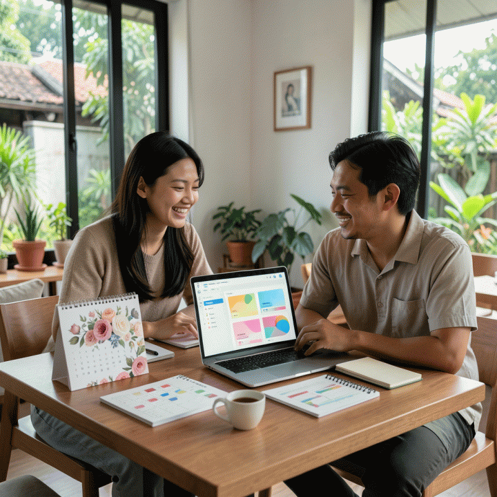 Pasangan sedang merencanakan pernikahan di meja kerja yang rapi, menggunakan alat digital untuk mengelola jadwal dan aspek acara.