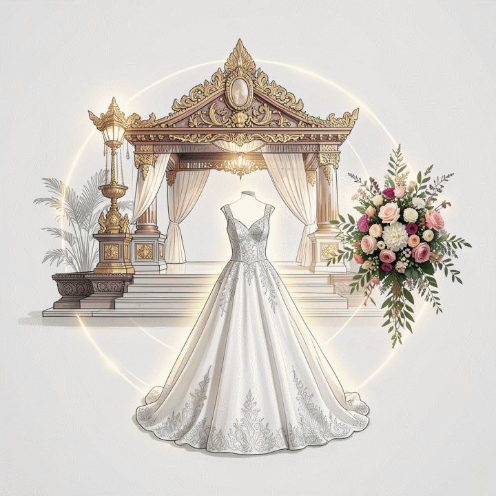 Ilustrasi konseptual modern yang menunjukkan tiga elemen inti pernikahan: venue, gaun, dan dekorasi floral, terhubung secara visual.